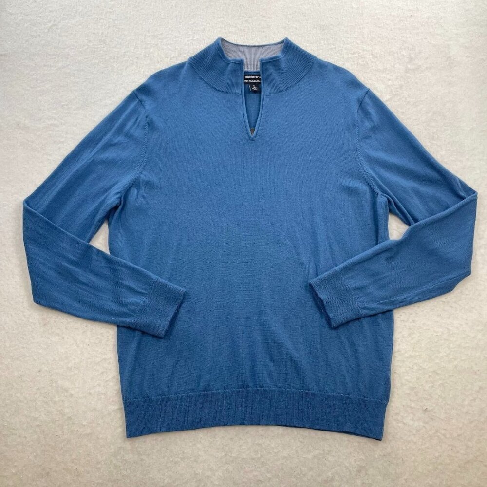 Nordstrom Washable Blue Merino Wool Quarter Zip Sweater Size XL